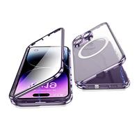 Jonwelsy Case for iPhone 14 Pro, 360 Degree Double-sided Protection Compatible with Magsafe Magnetic Adsorption Metal Bumper Front Tempered Glass Back Frosted PC Cover for 14 Pro 6.1" (Deep Purple)