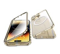 Jonwelsy Case for iPhone 14 Pro, 360 Degree Double-sided Protection Compatible with Magsafe Magnetic Adsorption Metal Bumper Front Tempered Glass Back Frosted PC Cover for 14 Pro 6.1" (Gold)
