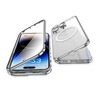 Jonwelsy Case for iPhone 14 Pro, 360 Degree Double-sided Protection Compatible with Magsafe Magnetic Adsorption Metal Bumper Front Tempered Glass Back Frosted PC Cover for 14 Pro 6.1" (Silver)