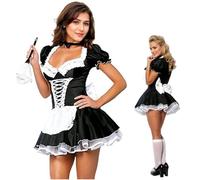 JOO-JOOG French Maid Outfits for Women,Sexy Lingerie Women Black Satin Halloween Maid Fancy Dress S-5XL with Ruffled Skirt (1053A, S)