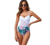 JOO-JOOG Mesh Women's One Piece Swimsuit Push Up High Waist Tummy Control Monokini with Crossover Front Design, Tropical Floral Print Bottom (UK, Alpha, L, Regular, Regular, White)
