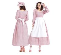 JOO-JOOG Pioneer Prairie Dress, Pioneer Costume with Bonnet, Blue Floral Prairie Dress with White Apron, Long Sleeve Colonial Style (Pink, XL)