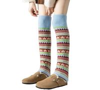 JOO-JOOG Winter Leg Warmers For Women, Fair Isle Pattern Knit Socks, Women's Striped Ethnic Knitting Wool Footless, Knee High Boot Cuff Cover Socks for Christmas (Blue, One size)