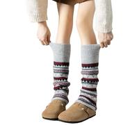 JOO-JOOG Winter Leg Warmers For Women, Fair Isle Pattern Knit Socks, Women's Striped Ethnic Knitting Wool Footless, Knee High Boot Cuff Cover Socks for Christmas (Grey, One size)
