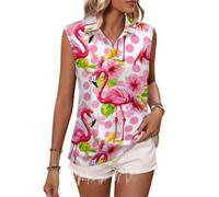 joo meryer Women's Sleeveless Tennis Golf Polo Shirts 3D Printed Moisture Wicking Button Down Tank Top, Pink Dot Flamingo, XL