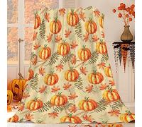 JOOCAR Autumn Season Pumpkin Throw Blanket Fall Leaf Maple Wheat Harvest Fall Decor Beige Blanket Cozy Soft Lightweight Flannel Plush Blankets for Bed Couch Living Room Sofa Chair,50x60 Inch