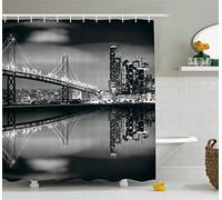 JOOCAR Black and White Shower Curtain, San Francisco Bay Bridge Metropolis Panorama View with Skyscrapers Print, Cloth Fabric Bathroom Decor Set with Hooks
