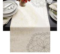 JOOCAR Bohemia Flower Table Runner 72 Inches Long Linen Burlap Table Runner Black and Gold Mandala Boho Decor Kitchen Dining Table Decoration for Home Party(White, 13"x72")