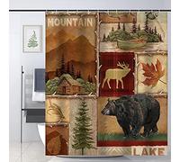 JOOCAR Cabin Shower Curtain Maple Leaf Fishing Moose Deer Bear Shower Curtain Country Rustic Shower Curtains for the Bathroom Polyester Waterproof Bath Curtain with 12 Hooks Brown 180x180cm