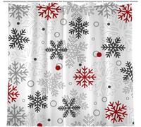 JOOCAR Christmas Snowflakes Shower Curtain Winter Red Grey White Snowflake Waterproof Shower Curtains for Bathroom Merry Xmas New Year Holiday Bathroom Shower Curtain Set with Hooks 72x72 Inch