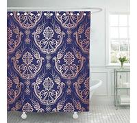JOOCAR Design Shower Curtain, Blue Beautiful Rose Gold Floral Damask On Navy This is Pink Continuous Decoration, Waterproof Cloth Fabric Bathroom Decor Set with Hooks