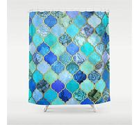 JOOCAR Design Shower Curtain, Cobalt Blue Aqua Gold Decorative Moroccan Tile Pattern, Waterproof Cloth Fabric Bathroom Decor Set with Hooks