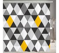 JOOCAR Design Shower Curtain, Geometric Abstract Triangle Grey Black White Yellow Pattern, Waterproof Cloth Fabric Bathroom Decor Set with Hooks, 72x72 Inch
