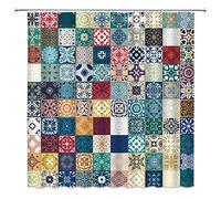 JOOCAR Design Shower Curtain, Gorgeous Floral Patchwork Colorful Moroccan, Waterproof Cloth Fabric Bathroom Decor Set with Hooks, 180x180 cm