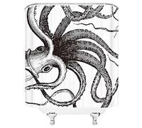 JOOCAR Design Shower Curtain, Kraken Ocean Giant Octopus Tentacles Mythical Nautical Sea Monster Marine Life Abstract Monochrome Black White, Waterproof Cloth Fabric Bathroom Decor Set with Hooks