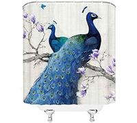 JOOCAR Design Shower Curtain, Peacock Elegant Noble Animai Wild Peacock on the Branch Magnolia Flower Vintage Blue Purple, Waterproof Cloth Fabric Bathroom Decor Set with Hooks