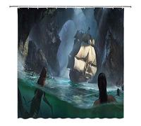 JOOCAR Design Shower Curtain, Pirate Mermaid Canyon Sailing Fantasy Navigation Creative 3D Black, Waterproof Cloth Fabric Bathroom Decor Set with Hooks