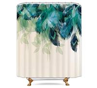 JOOCAR Design Shower Curtain, Watercolor Peacock Feather Teal Blue Turquoise Floral Green Leaf, Waterproof Cloth Fabric Bathroom Decor Set with Hooks