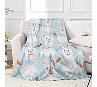 JOOCAR Easter Bunny Throw Blanket Cartoon Cute Bunny and Carrot White Cloud Blue Blanket Cozy&Soft Plush Blankets for Bed Couch Living Room Sofa Chair,60x80 Inch