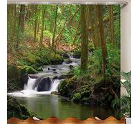JOOCAR Garden Shower Curtain, Nature Flowing Stream Forest Waterfall Landscape Green Trees Mossy Rocks Themed Scenery, Waterproof Cloth Fabric Bathroom Decor Set with Hooks