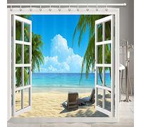 JOOCAR Garden Shower Curtain, Palm Tree Decor Ocean Beach Seascape Through White Wooden Windows Summer Scene Tropical Island Blue Green, Waterproof Cloth Fabric Bathroom Decor Set with Hooks