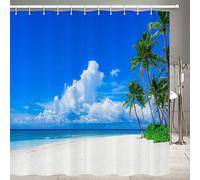 JOOCAR Nature Shower Curtain, Palm Tree Decor Ocean Coastal Summer Beach Seaside Scene Palm Trees Island Blue, Waterproof Cloth Fabric Bathroom Decor Set with Hooks, 60x72 Inch