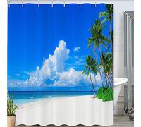 JOOCAR Nature Shower Curtain, Palm Tree Decor Ocean Coastal Summer Beach Seaside Scene Palm Trees Island Blue, Waterproof Cloth Fabric Bathroom Decor Set with Hooks, 180x180 cm