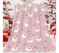 JOOCAR Pink Christmas Throw Blanket Santa Claus Merry Christmas Happy New Year Blanket Cozy Soft Lightweight Flannel Plush Blankets for Bed Couch Living Room Sofa Chair,50x60 Inch