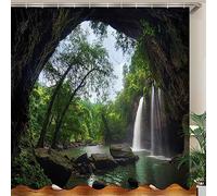 JOOCAR Shower Curtain, Nature Waterfall Summer Cave in Waterfall National Park Thailand Forest Jungle Rocky Scene Landscape Set, Waterproof Cloth Fabric Bathroom Decor Set with Hooks, 60x72 Inch