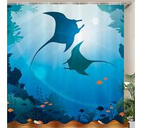 JOOCAR Summer Ocean Shower Curtain Underwater World Marine Organisms Blue Sea Ray Fish Bathroom Decor Polyester Fabric Waterproof Shower Curtain Set with 12 Hooks, 180x180cm