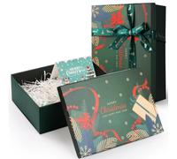 Joogee Gift Boxes with Bow and Shredded Paper Fill, 29 * 21 * 10.5 cm Cardboard Xmas Gift Box with Lid, Blank Card for Christmas Party Decorative, Xmas Present, Holiday Green