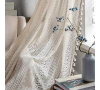 JOOJA 2 Panels Boho Lace Sheer Curtains Embroidered Bohemian Vintage Curtains Farmhouse Semi Blackout Beige Sheer Curtains for Living Room, Bedroom (Crochet Beige, 59x84)