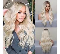 JOOLER Platinum Blonde Wig for Women Long Blonde Ombre Wig with Dark Roots Heat Resistant Fiber Adjustable Cap 24 Inches Elegant Design