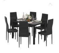 Jooli H Dining Table and Chairs Set 6, Modern Glass Table with 6 High Back Faux Leather Chairs for Home Office Use (Black)