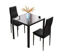 Joolihome Dining Table and Chairs Set of 2, Square Glass Coffee Table and 2 PU High Back Chairs with Metal Legs, Dining Room Furniture Set for Home, Office, Kitchen, Balcony, Garden (Black)