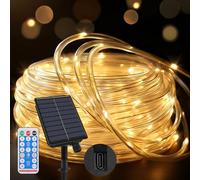 Joollurm Outdoor Rope Lights 65.6ft/20m 200 LEDs, Dual Solar & Type-C Charging, 8 Lighting Modes with Remote Timer, Waterproof String Lights for Garden Yard Party Christmas Decoration- Warm White