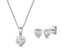 JOOLS by Jenny Brown - Sterling Silver Heart Shaped Solitaire Pendant And Earring Set - Set with Three Quarter Carat Stones - Rhodium Finished, Tarnish Free - Gift Packaging Included