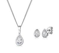 JOOLS by Jenny Brown - Sterling Silver Pear Shape Pendant And Earring Set - Set with Quarter Carat Cubic Zirconia Teardrop Stones - Tarnish Free - Gift Packaging Included