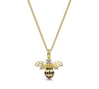 JOOLS by Jenny Brown - Sterling Silver Yellow Gold Bee Pendant Necklace - Set With Black and White Cubic Zirconia Stones - Rhodium Finished, Tarnish Free