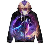 JooMeryer Men's 3D Wolf Print Casual Jacket Full Zip Hoodie Hooded Sweatshirts, Purple Howling Wolf Moon, Large