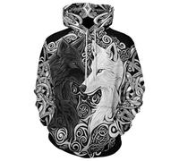 JooMeryer Men's Viking Totem 3D Print Long Sleeve Hoodies Pullover Sweatshirt, Black White Wolf Totem, Large