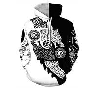 JooMeryer Men's Viking Totem 3D Print Long Sleeve Hoodies Pullover Sweatshirt, Black White Wolf, XXL
