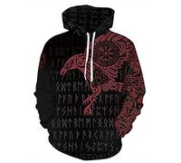 JooMeryer Men's Viking Totem 3D Print Long Sleeve Hoodies Pullover Sweatshirt, Red Odin's Raven, XXL