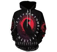 JooMeryer Men's Viking Totem 3D Print Long Sleeve Hoodies Pullover Sweatshirt, Red Raven Runes, Large