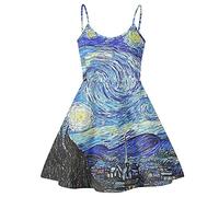 JooMeryer Women's Van Gogh Oil Painting Printed Spaghetti Straps V-Neck A-Line Swing Dress, Vincent the Starry Night, L
