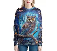 JooMeryer Women's Van Gogh Starry Night 3D Printed Crew Neck Sweatshirts Pullover, Blue Cartoon Owl, Large