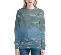JooMeryer Women's Van Gogh Starry Night 3D Printed Crew Neck Sweatshirts Pullover, Monet Blue Water Lilies, Large