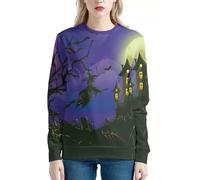 JooMeryer Women's Van Gogh Starry Night 3D Printed Crew Neck Sweatshirts Pullover, Purple Halloween Castle Witches, Large