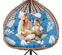 joomie Double Hanging Egg Chair Cushion Replacement Waterproof for Outdoor Patio Basket Egg Chairs, 150x110 cm-2 Seater Premium Thickened 100% Cotton Large Double Swing Chair Cushions, Blue Leaf