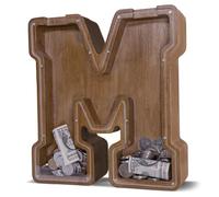 JOOMLAFLY Wooden Letter Piggy Bank for Kids 12"Clear Coin Bank with Sticker | Personalized M Piggy Bank for Boys and Girls with Stickers,See Saving Grow,Unbreakable Coin Bank,Gift for Birthday&Christmas